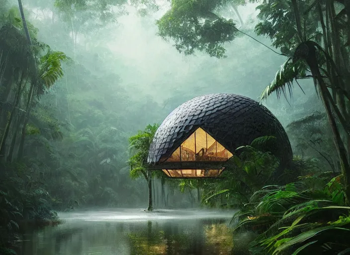 Prompt: a beautiful painting of a geodesic house in a moist tropical rainforest, by greg rutkowski, realism, artstation, nature