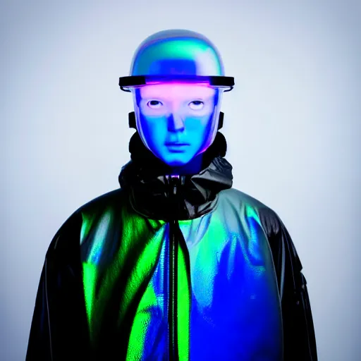 Image similar to an ultra high definition professional studio quality photograph of an artificially intelligent cyberpunk art influencer wearing a transparent iridescent pastel coloured face visor and matching squid based raincoat on white coat hook in a sheer icelandic black rock environment. dramatic lighting. volumetric shadows. light rays