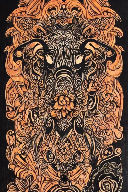 Image similar to Painted dark-wood panel relief carving of the close up of a Flowerpunk Pig, ornate border frame, explosion of colorful flowers, dark wood, intricately carved, black ink, festival of rich colors, intricate details, cinematic lighting, volumetric lighting, post-processing, art nouveau, tarot, fractal art, mandala, by andreas rocha and john howe, and Martin Johnson Heade, featured on artstation, featured on behance, golden ratio, hyper detailed, photorealistic, epic composition, center spotlight, f32, well composed, symmetrical, UE5, 8k