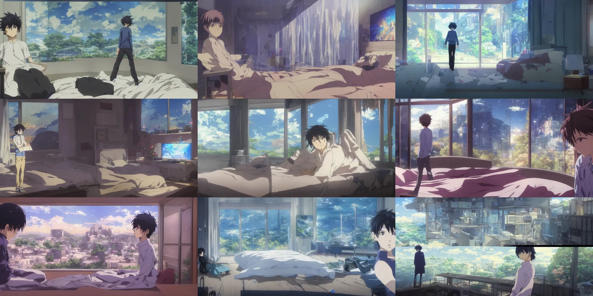 Prompt: screenshot from the anime film by Makoto Shinkai, a painting of the main character's exciting bedroom, near futuristic technological world, magical realism, looking through the prism at the digital world, screenshot from the Kyoto Animation anime about the boy who wears nervegear, makoto shinkai, augmented reality, real life blended with digital world