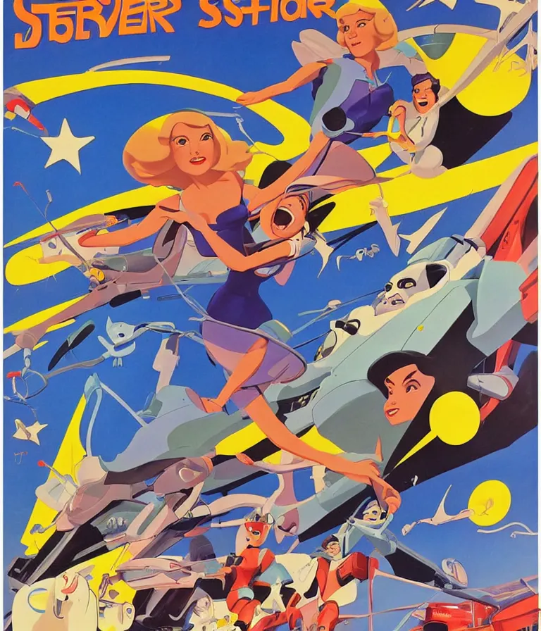 Image similar to Hannah Barbera cartoons of Five Star Stories as Whacky Races, promotional poster super detailed , xpensive production, realistic style, gouache colors, Hollywood retro cartoon poster, golden era of animation work