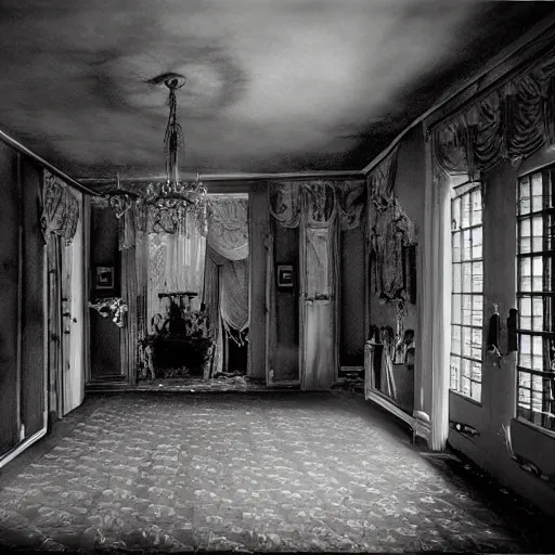 Prompt: the interior of a haunted mansion spooky, scary, realistic, photography