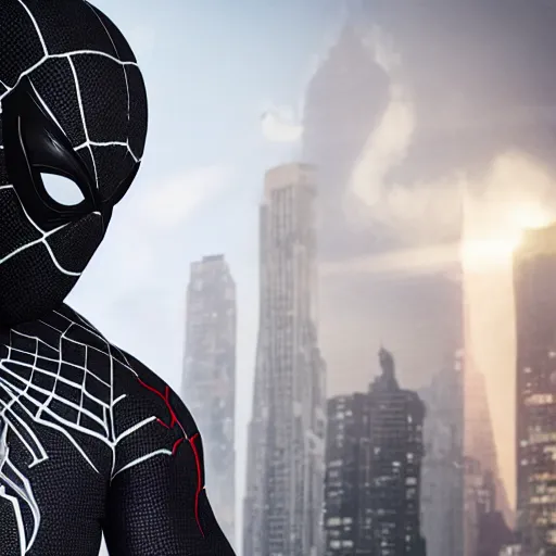 Image similar to black spider - man suit with white web lining, cinematic, volumetric lighting, realistic, hyperdetailed, photorealistic, photograph