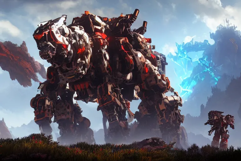 Image similar to behemoth machine mecha animal beast robot of horizon forbidden west horizon zero dawn bioluminiscence global illumination ray tracing hdr fanart arstation by sung choi and eric pfeiffer and gabriel garza and casper konefal