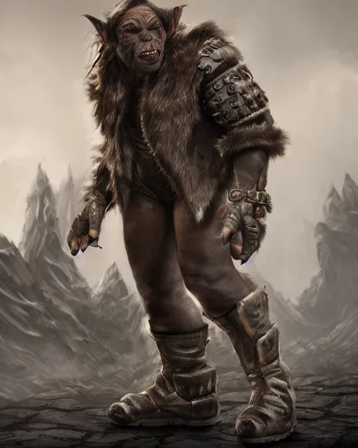 Image similar to A full body shot of a handsome orc looking into the camera wearing a leather fur jacket and boots, full body shot, detailed face, artstation, realistic, highly detailed, symmetrical, hyper realistic, dynamic pose, high detail, octane render, unreal engine, 8k, fantasy art, highly detailed, concept art