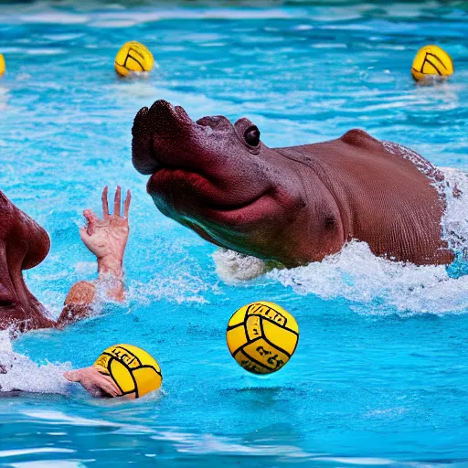 Image similar to hippopotamuses playing water polo against people. sports photograph.