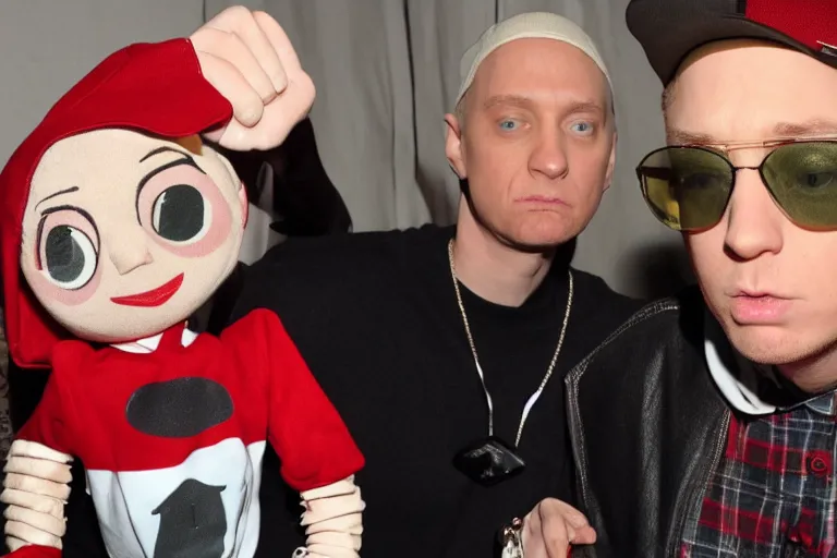 Prompt: Eminem as a ventriloquist doll, hyperrealistic