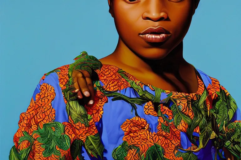 Image similar to a girl adventurer with iridescent skin by kehinde wiley