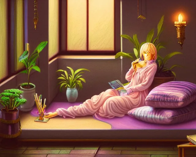 Image similar to a pastel painting of a woman wizard lounging on a purpur pillow on the marbled checkered floor in her study room reading an ancient tome. to the side is a potted plant, candlelit raytracing. ancient oriental retrofuturistic fantasy setting. 4 k key art. by yoshitaka amano and mark tedin