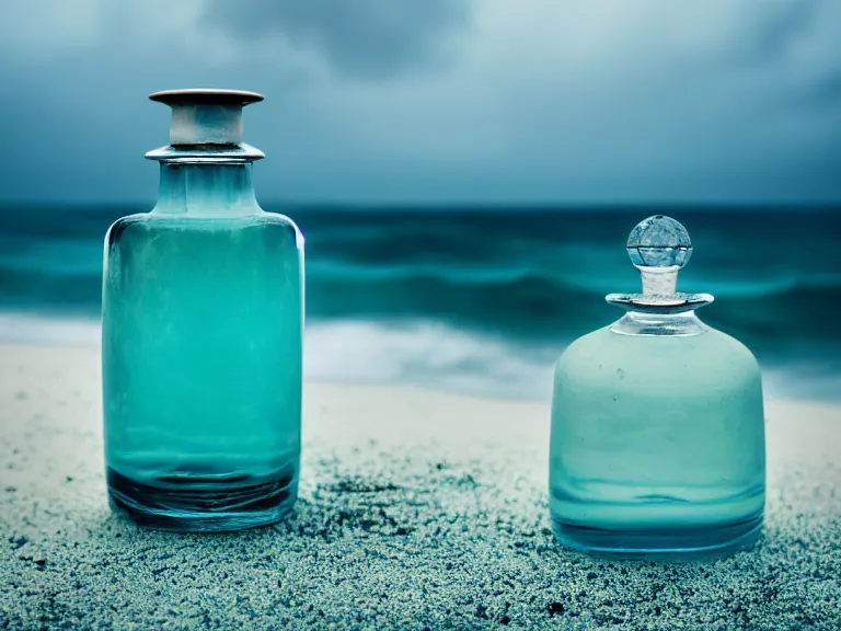 Image similar to cinestill 5 0 d photography of perfume bottle emerging from seafoam with marmelade sky / 4 style of nicholas fols, 2 0 0 mm, mute dramatic colours, soft blur outdoor stormy sea background, volumetric lighting, hyperdetailed, hyperrealistic