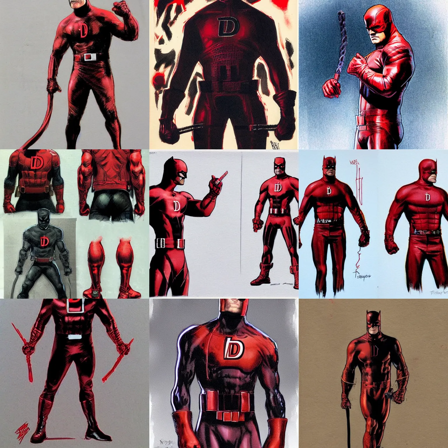 Image similar to daredevil concept art leather suit billy stick painted by travis charest