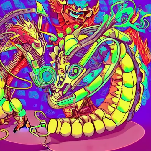 Prompt: a robot dragon listening to music with headphones, wild psychedelic digital art