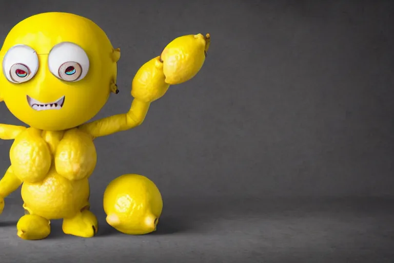 Prompt: a photo of a humanoid lemon with lemonade eyes and a lemon body in a superhero costume, photorealistic, hd, 8 k