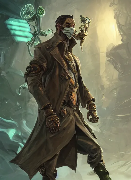 Image similar to a highly detailed illustration of thick wavy brown haired young white guy wearing brown detective trench coat and wearing dark green mask, with many long mechanical arms on his back, dramatic standing pose, intricate, elegant, highly detailed, centered, digital painting, artstation, concept art, smooth, sharp focus, league of legends concept art, WLOP