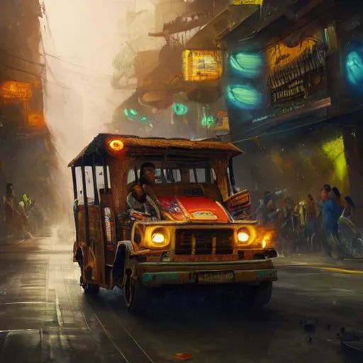 Image similar to an expressive painting of a filipino jeepney driving in the crowded dirty streets of the Philippines , hearthstone coloring style, artwork by greg rutkowski, epic fantasy style art, highly detailed, 8k resolution, hyperrealistic, Maya render