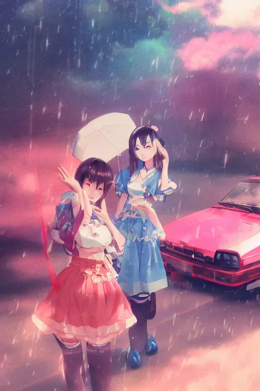 Image similar to art by D. Jun, by Mo Xiang Tong Xiu, 3d Infrared photo cute girls in Japanese maid's clothes and smoking inside a JDM car in the rain at sunrise in a parking lot, anime vintage colors, polaroid, foggy, volumetric light, cinematic render, rending on artstation, oil painting