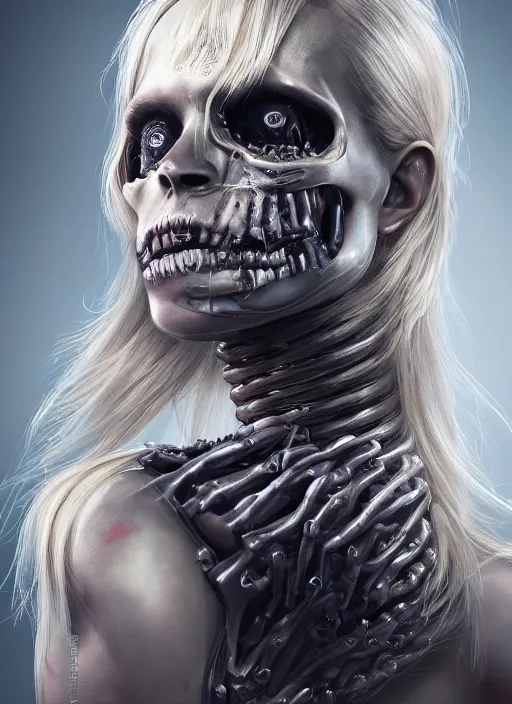 Prompt: A fancy portrait of Blonde girl half endoskeleton torn skin metallic skull by Greg Rutkowski, Sung Choi, Mitchell Mohrhauser, Maciej Kuciara, Johnson Ting, Maxim Verehin, Peter Konig, Bloodborne, 8k photorealistic, cinematic lighting, HD, high details, dramatic, atmospheric , trending on artstation