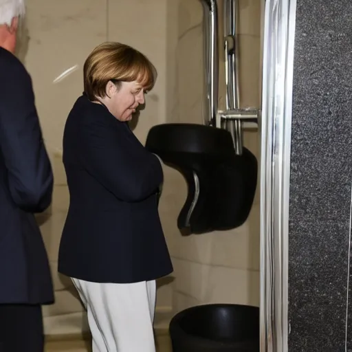 Image similar to angela merkel peeing at a urinal