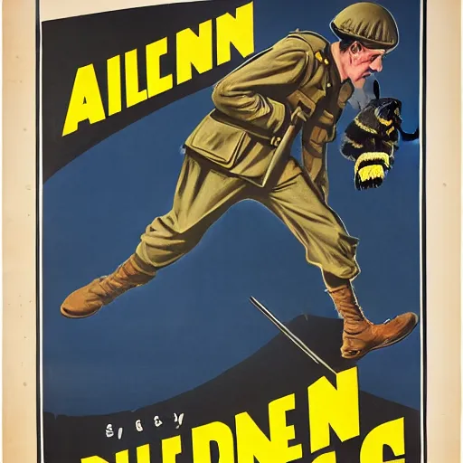 Image similar to a sleeping soldier is stung by a bumblebee, ww 2 allied propaganda poster, no text, highly detailed