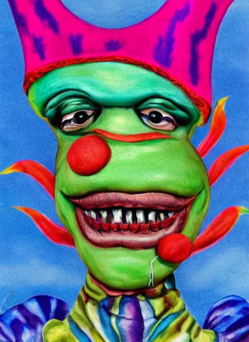 Prompt: Clown Frog King, clown world, clown makeup and rainbow wig, frog king is a clown, clown clown clown, portrait by Jean Giraud