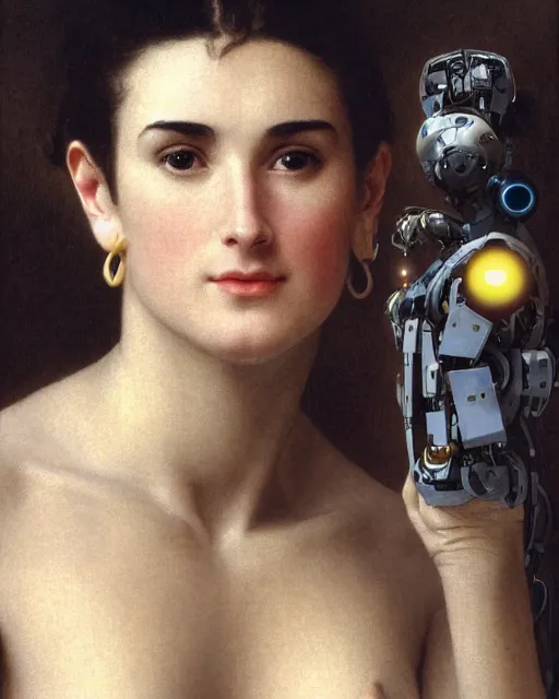 Image similar to portrait of blissed out young demi moore as a solarpunk mecha humanoid robotic parts with bright led lights, real human face, pudica pose gesture, by bouguereau, in white room, ultra - realistic and intricate, portrait shot 8 k