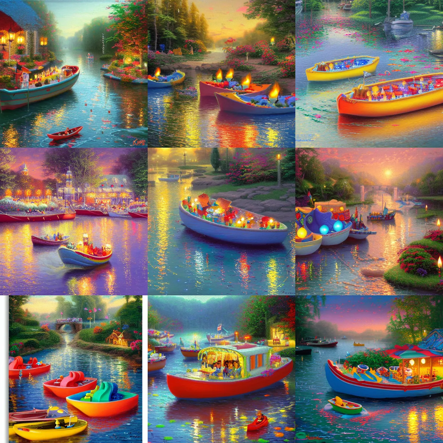 Prompt: candles in many colors on toy boats floating down a river, evocative, detailed, award winning, trending on artstatioon artwork by Thomas Kinkade,