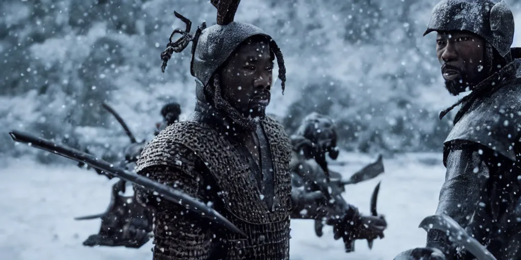 Image similar to a film still of a black man starring in a japanese blockbuster film as ancient samurai, fighting against alien creatures, snow, shallow depth of field, cinematic, award winning cgi, vfx, film still