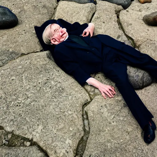 Prompt: stephen hawking laying on rocks, photography, 8 k,