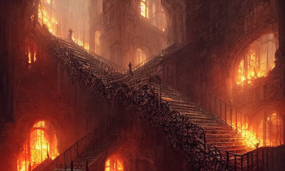 Prompt: stairs from hell to heaven, flames, heavens, beautiful, intricate detail, intricate, epic, vast, digital painting by greg rutkowski, artstation, very detailed, cinematic lighting, concept art