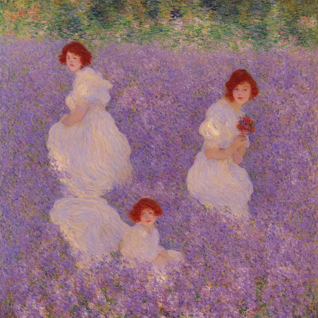 Image similar to portrait of cute girl with short curly red hair sitting in a field of lilac flowers, Monet painting