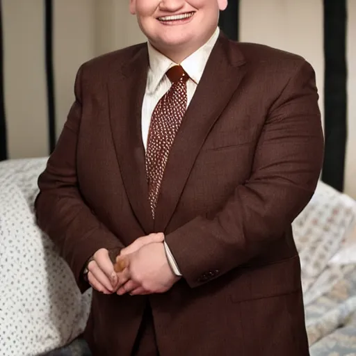 Image similar to Andy Richter is wearing a chocolate brown suit and necktie and is in a bedroom with a window letting in bright morning sunlight. Andy is sitting upright in a bed and is stretching his arm. His mouth his wide open as he yawns.