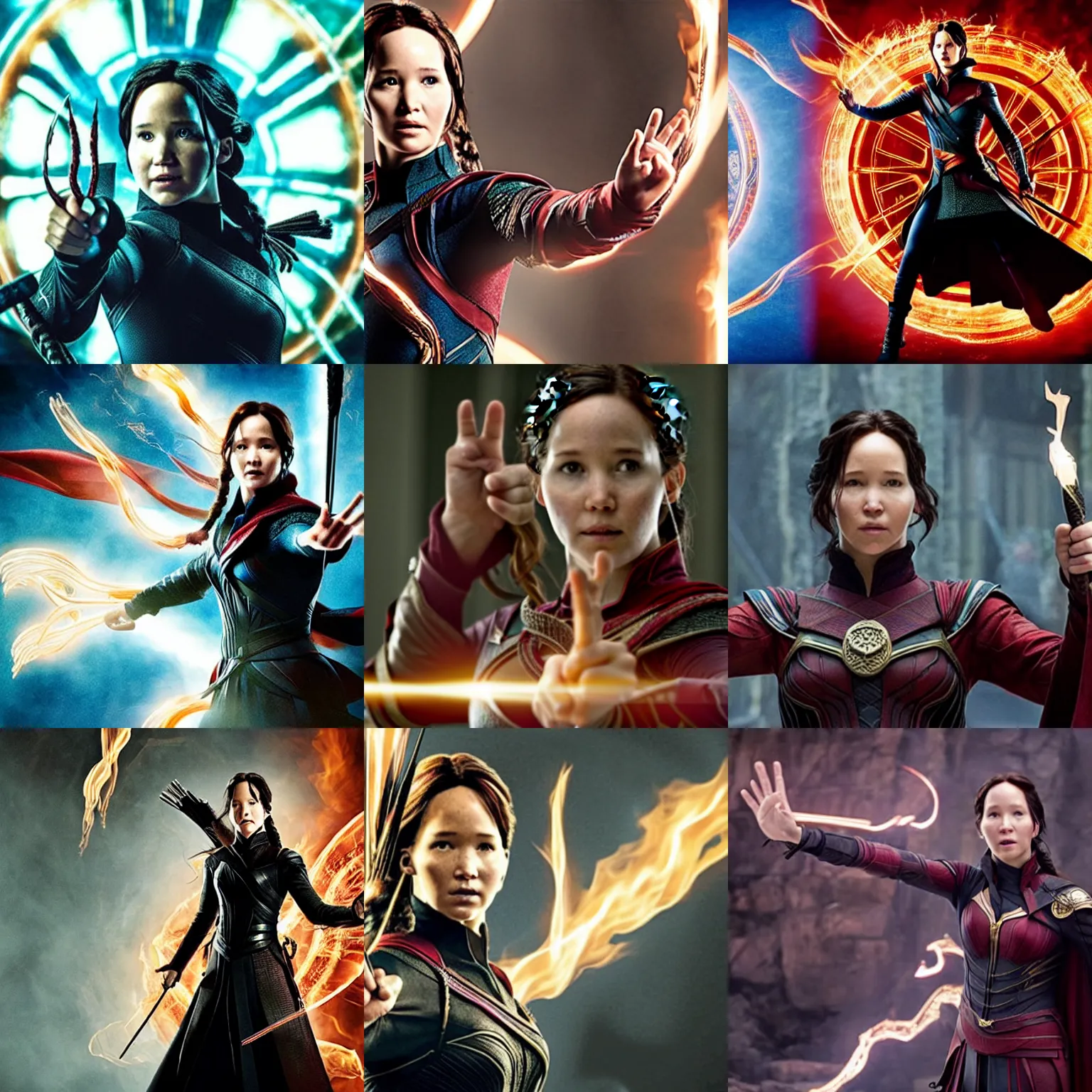 Prompt: ( katniss everdeen ) as the ancient one, posed with her fists raised, film still from'doctor strange'