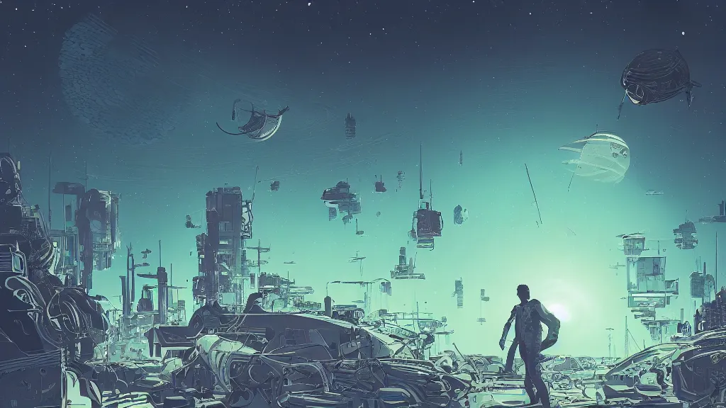 Prompt: very detailed, prophet graphic novel, ilya kuvshinov, mcbess, rutkowski, simon roy, illustration of space junk floating in space around a dystopian dead planet earth, illustration of decrepit cyberpunk arcologies, wide shot, colorful, deep shadows, astrophotography