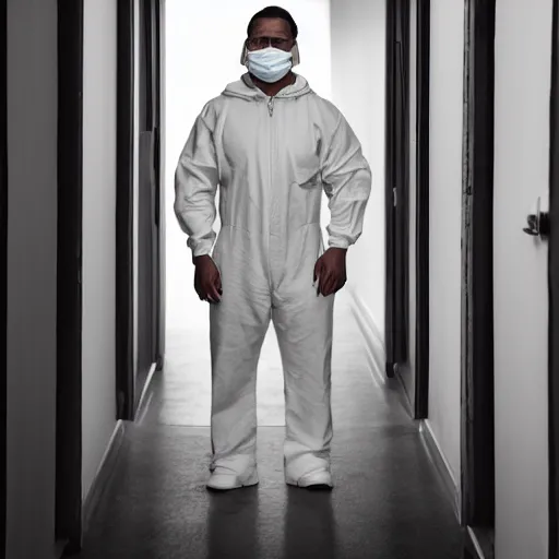 Image similar to man in jumpsuit with deformed face standing in a dimly lit hallway