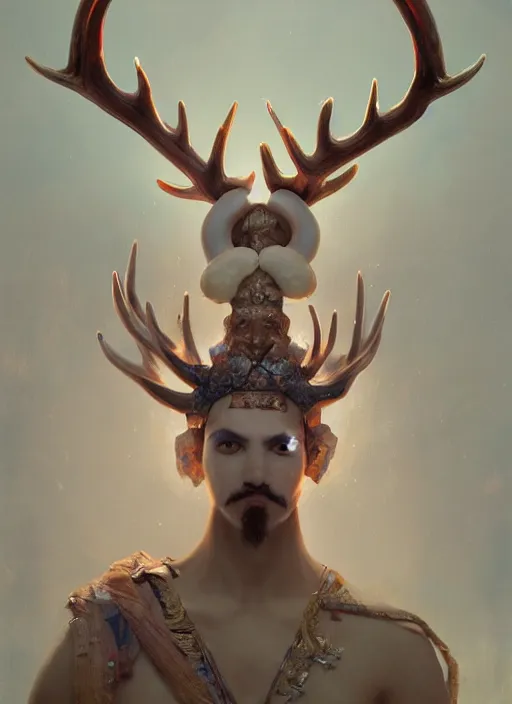 Image similar to Gigantic Deity with antlers and a white face, translucent amulets, extremly detailed oil painting, subsurface scattering, in the style of Fenghua Zhong and Ruan Jia and Jeremy Lipking, rim light, beautiful lighting, mystic, 8k, stunning scene, raytracing, octane, trending on artstation