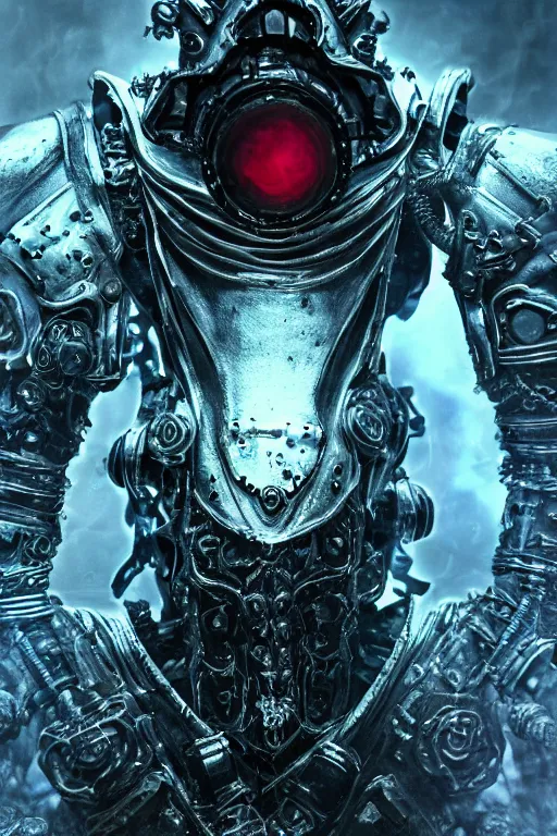 Prompt: a portrait of an ancient cybernetic lich king, dark sci - fi setting, shining chrome and leather, dynamic pose, decay, glowing red eyes, close - up, intricate details, intricately detailed clothing and textures, warm lighting, vivid colors, smoke and mist, hyper realistic octane render, volumetric shading, depth of field, raytracing, 8 k,