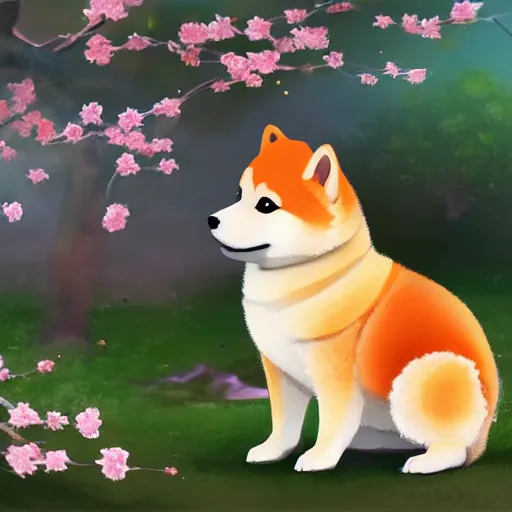 Prompt: a cute fluffy shiba inu plays under the cherry blossom tree, highly detailed, digital painting, artstation, concept art, movie still, smooth, sharp focus uhd 8 k