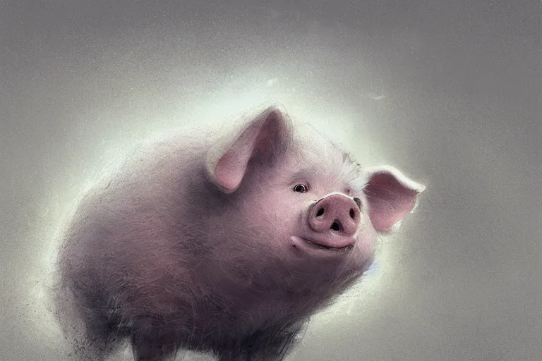 Prompt: cute fluffy pig by jean - baptiste monge, high quality, high resolution, 4 k, painted by cgsociety, rutkowski, gurney with ambient lighting, concept art, detailed, smooth, dynamic volumetric cinematic lighting, octane, raytrace