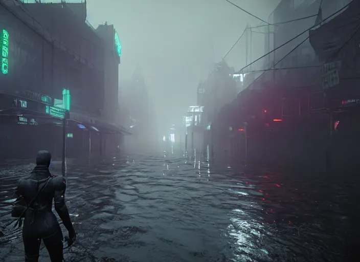 Image similar to dark, misty, foggy, flooded, new york city swamp street in destiny 2, rain, liminal, dark, dystopian, large creatures in distance, abandoned, highly detailed 4 k 6 0 fps in - game destiny 2 gameplay screenshot leak