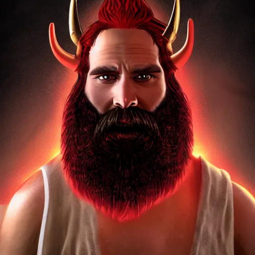 Image similar to dnd render of a man, red, a big black beard, golden eyes, 2 horns protruding out of his forehead which curve back, one is broken at a quarter of the length of the other.