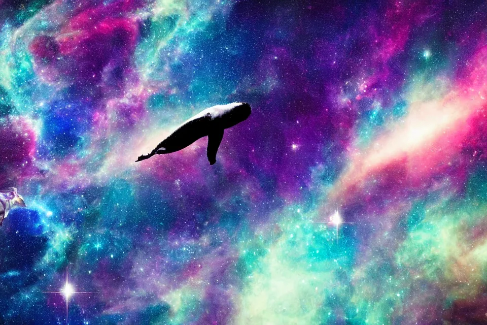 Image similar to a beautiful humpback whale made of stardust swimming through a colorful nebula in space while an astronaut watches from afar