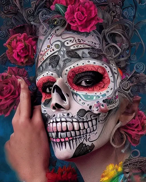 Image similar to dia de los muertos theme surrealist art in the styles of igor morski, jim warren, and osborne macharia, intricate, hyperrealistic, accurate facial details, profile picture with chromakey!!!!! background, volumetric lighting