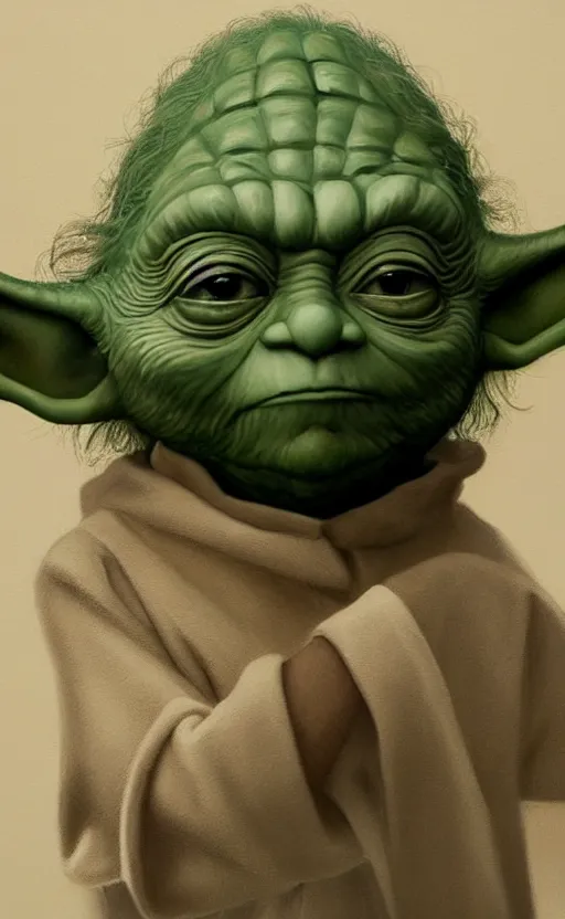 Image similar to beautiful detailed photorealistic painting of yoda putting on makeup in the mirror. hq, hd. detailed. trending on artstation