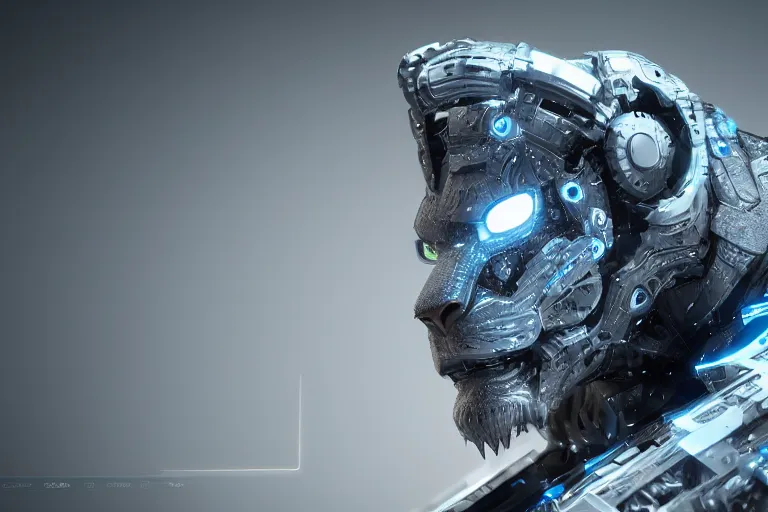 Image similar to lion, futuristic, cybernetic, metal, white blue grey, octane render, studio light,