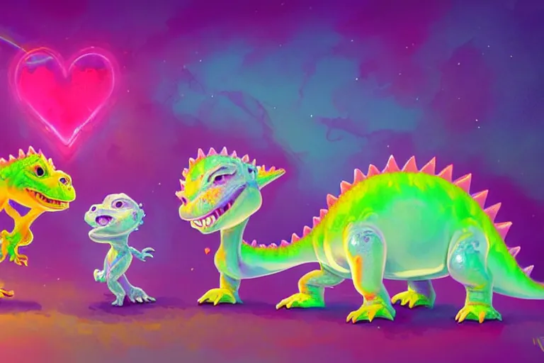 Image similar to pixar designed cute, smiling chibi style baby dinosaurs made entirely out of glowing electrified plasma, having fun inside a psychedelic realm made entirely out of love and acceptance and hypercolors. astral beings sharing love. greg rutkowski and wlop and lisa frank! and ruan jia, illustration, epic, fantasy, hyper detailed, smooth, unreal engine, sharp focus, ray tracing