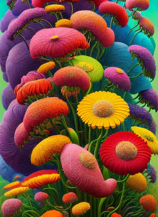 Image similar to hyper detailed 3d render like a Oil painting - a vivid flower bouquet, long petals, huge blossoms, by Jacek Yerka, Mariusz Lewandowski, Houdini algorithmic generative render, Abstract brush strokes, Masterpiece, Edward Hopper and James Gilleard, Zdzislaw Beksinski, Mark Ryden, Wolfgang Lettl, hints of Yayoi Kasuma, octane render, 8k