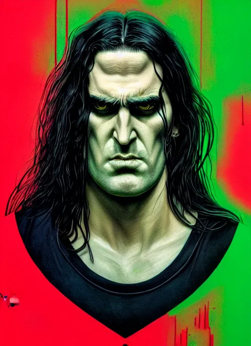 Image similar to hyper detailed ultra sharp type o negative peter steele photorealistic sulking portrait, somber gothic aesthetic, masterpiece, elite, illustration, art by sachin teng, felix englund, organic matte painting, emerald color palette, hard edges, graffiti, street art 8 k