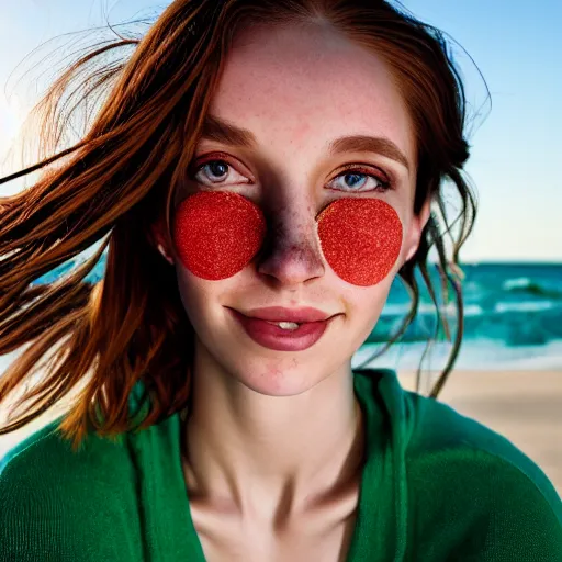 Image similar to portrait of a cute thin young woman, bronze brown hair, eye color is emerald green, red blush, cute freckles, smug smile, modern clothes, relaxing on the beach, golden hour, close up shot, 8 k, art by irakli nadar, hyperrealism, hyperdetailed, ultra realistic