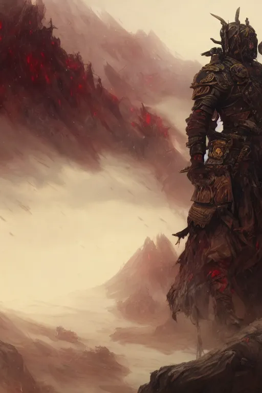 Image similar to the last warrior standing on the top of pile of skulls and dead bodies, it's raining blood from the sky, extremely detailed digital painting, in the style of fenghua zhong and ruan jia and jeremy lipking and peter mohrbacher, mystical colors, rim light, beautiful lighting, 8 k, stunning scene, raytracing, octane, trending on artstation