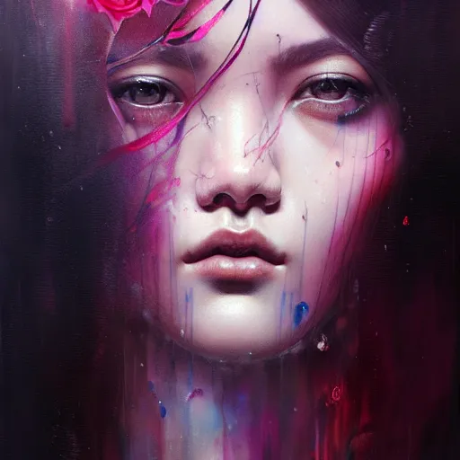 Image similar to rose of blackpink, hyperrealistic portrait, bladerunner street, by karol bak and agnes cecile, fantasy art, photo realistic, dynamic lighting, artstation, poster, volumetric lighting, very detailed face, intricate complexity, rule of thirds, 8 k, award winning